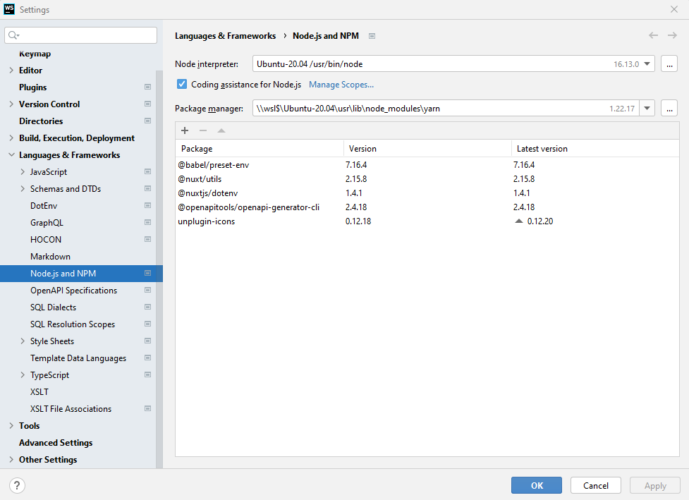 Set default interpreter to Node.js Ubuntu in Windows 11 WebStorm