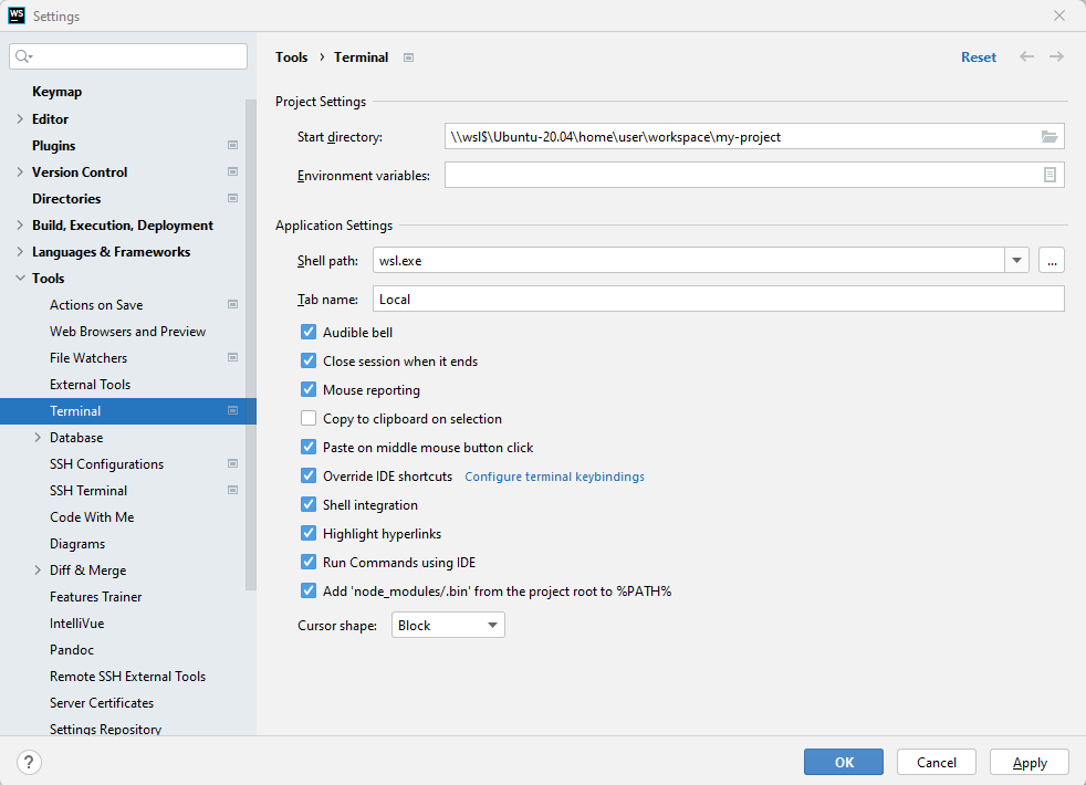 Configure wsl.exe as the default terminal of WebStorm or IntelliJ IDEA